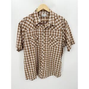 Wrangler Mens Pearl Snap Shirt Size XXL Brown Plaid Short Sleeve Country Western